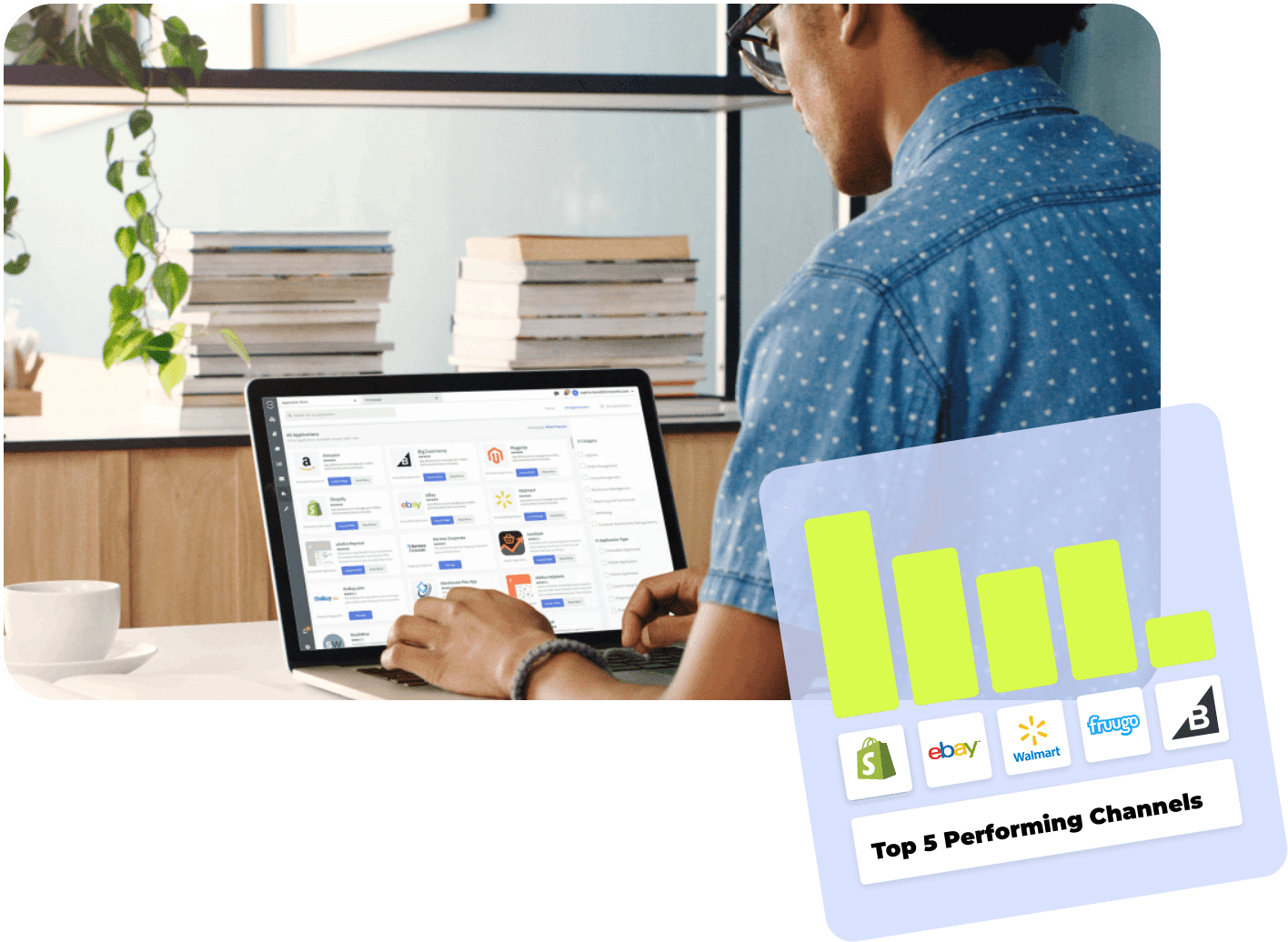 Person managing product listings on a laptop, with a chart showing top-performing sales channels like Shopify, eBay, Walmart, OnBuy, and BigCommerce, representing multichannel listing performance.