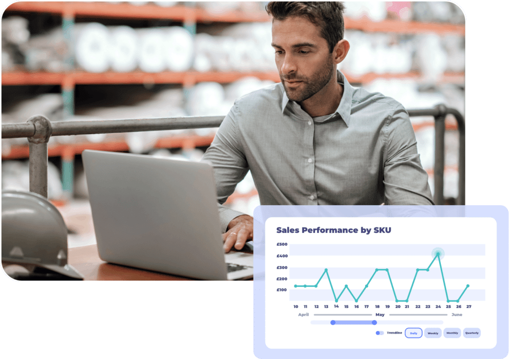 Warehouse manager analyzing sales performance data by SKU on a laptop, reviewing charts for insight reporting.