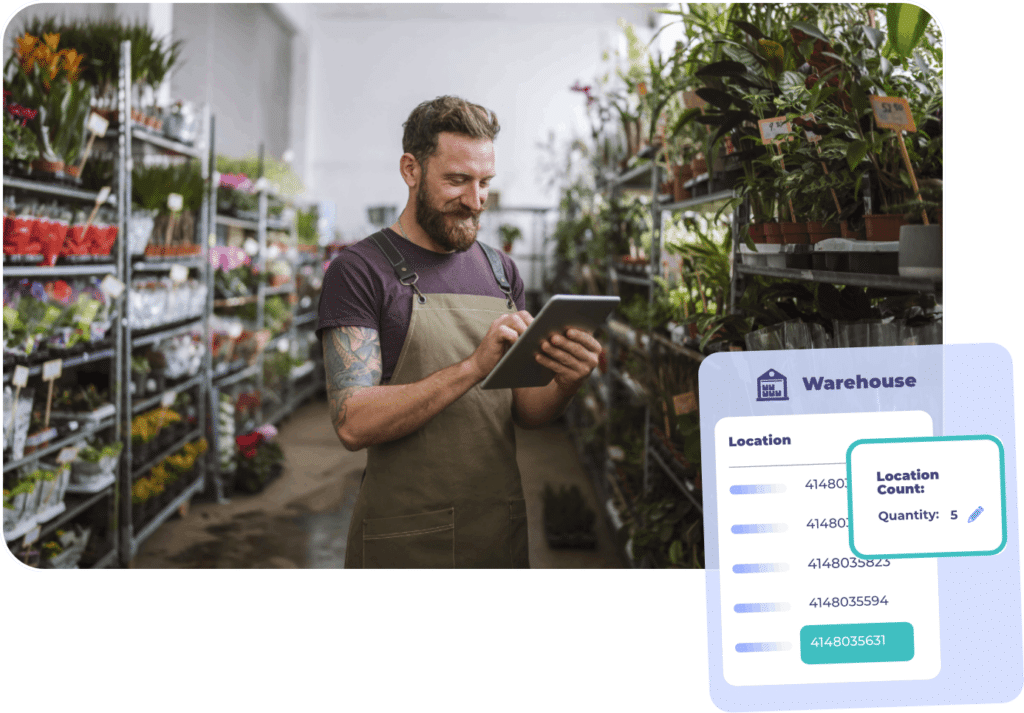 Employee using a tablet to check inventory levels in a plant warehouse, with an overlay showing warehouse location and quantity details for stock forecasting.