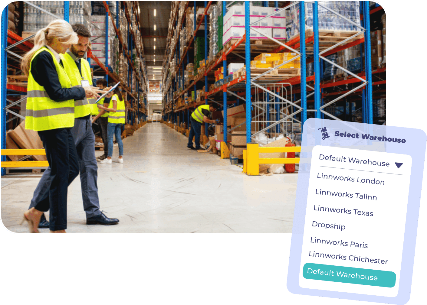 Hero image for Linnworks Warehouse Management System (WMS) showing warehouse staff in high-visibility vests working in a fully-stocked warehouse. An overlay of a 'Select Warehouse' menu with locations like London, Texas, and Paris.